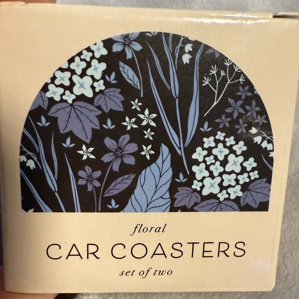 Blue & Black‎ Floral Car Coasters, Cork & Ceramic Set Of 2 New NIB